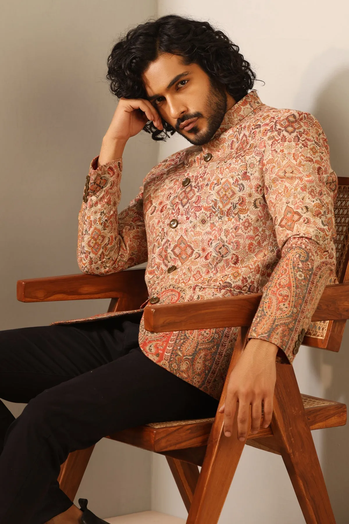 Fine Wool Silk Full Jacket for Men in Beige | Made To Order