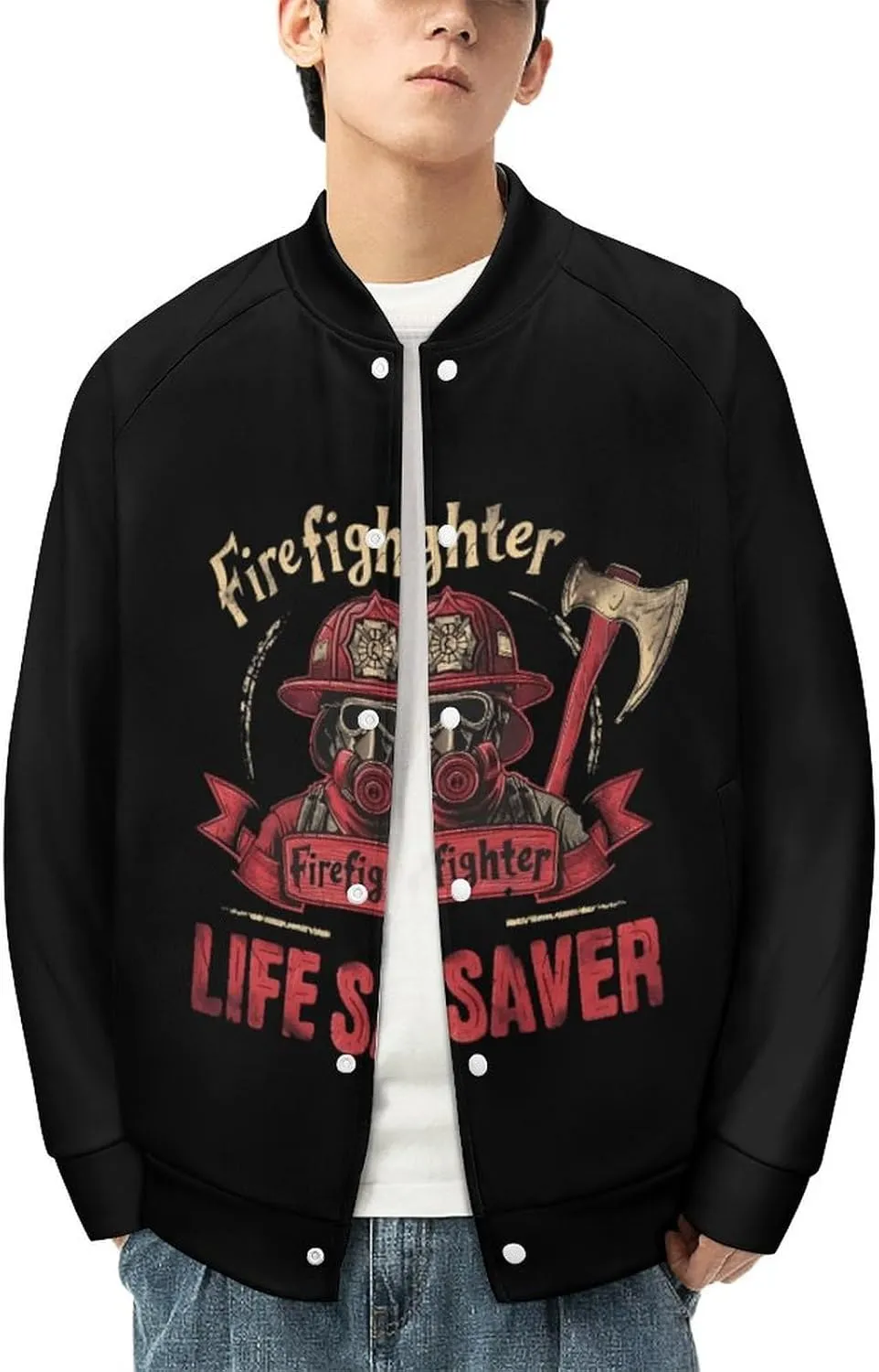 Firefighter Life Saver Lightweight Men's Baseball Jackets Relaxed Fit Varsity Bomber Jacket Windbreaker Coat