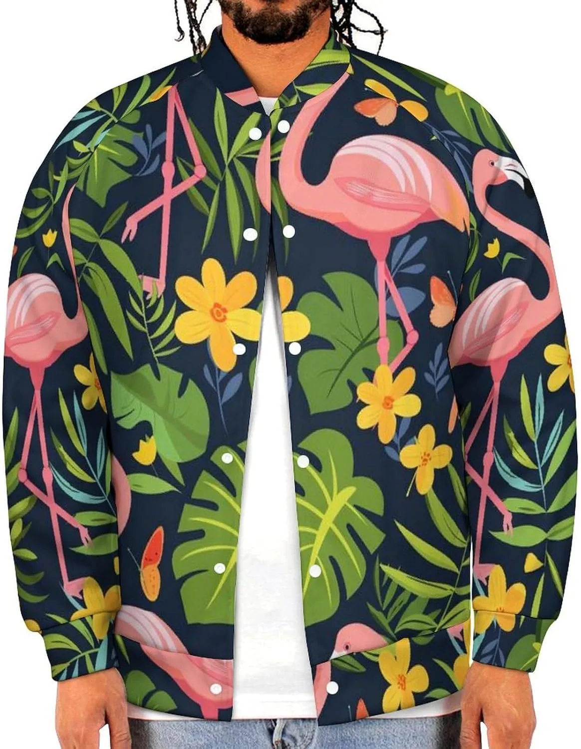 Flamingos Monstera Small Yellow Flower Lightweight Men's Baseball Jackets Relaxed Fit Varsity Bomber Jacket Windbreaker Coat