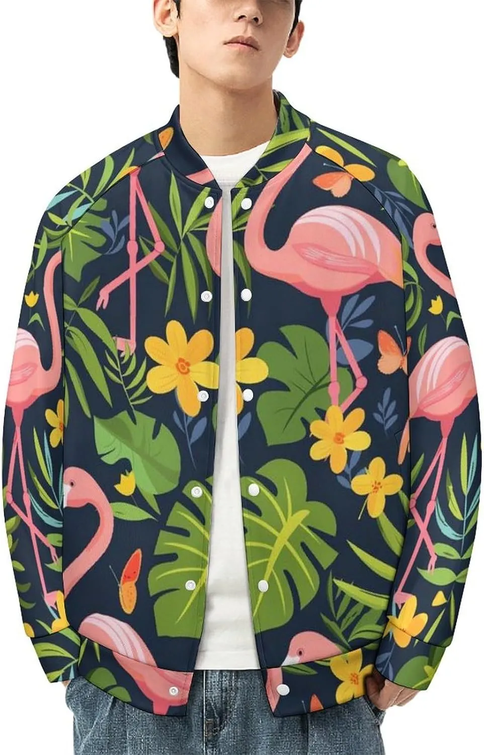 Flamingos Monstera Small Yellow Flower Lightweight Men's Baseball Jackets Relaxed Fit Varsity Bomber Jacket Windbreaker Coat