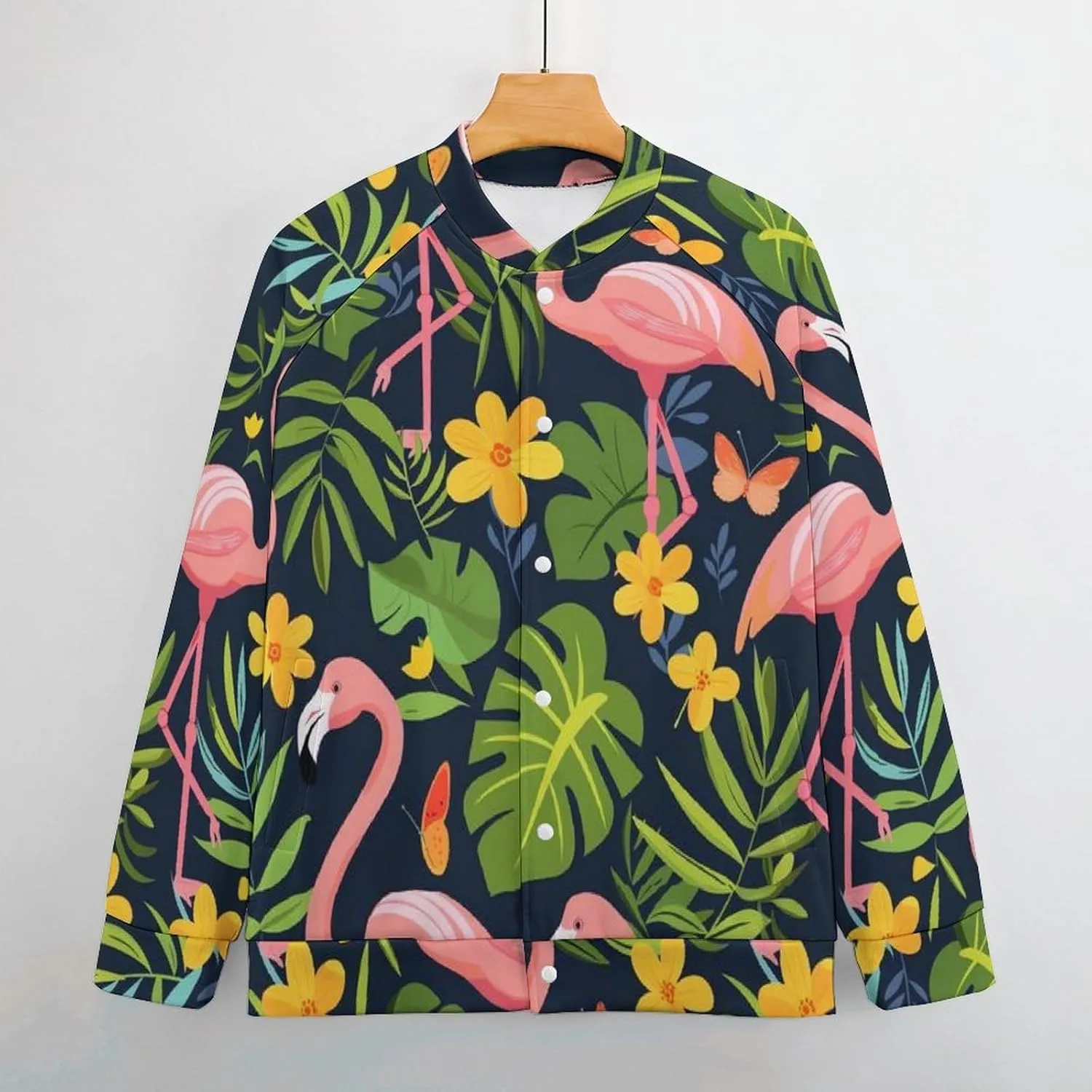 Flamingos Monstera Small Yellow Flower Lightweight Men's Baseball Jackets Relaxed Fit Varsity Bomber Jacket Windbreaker Coat