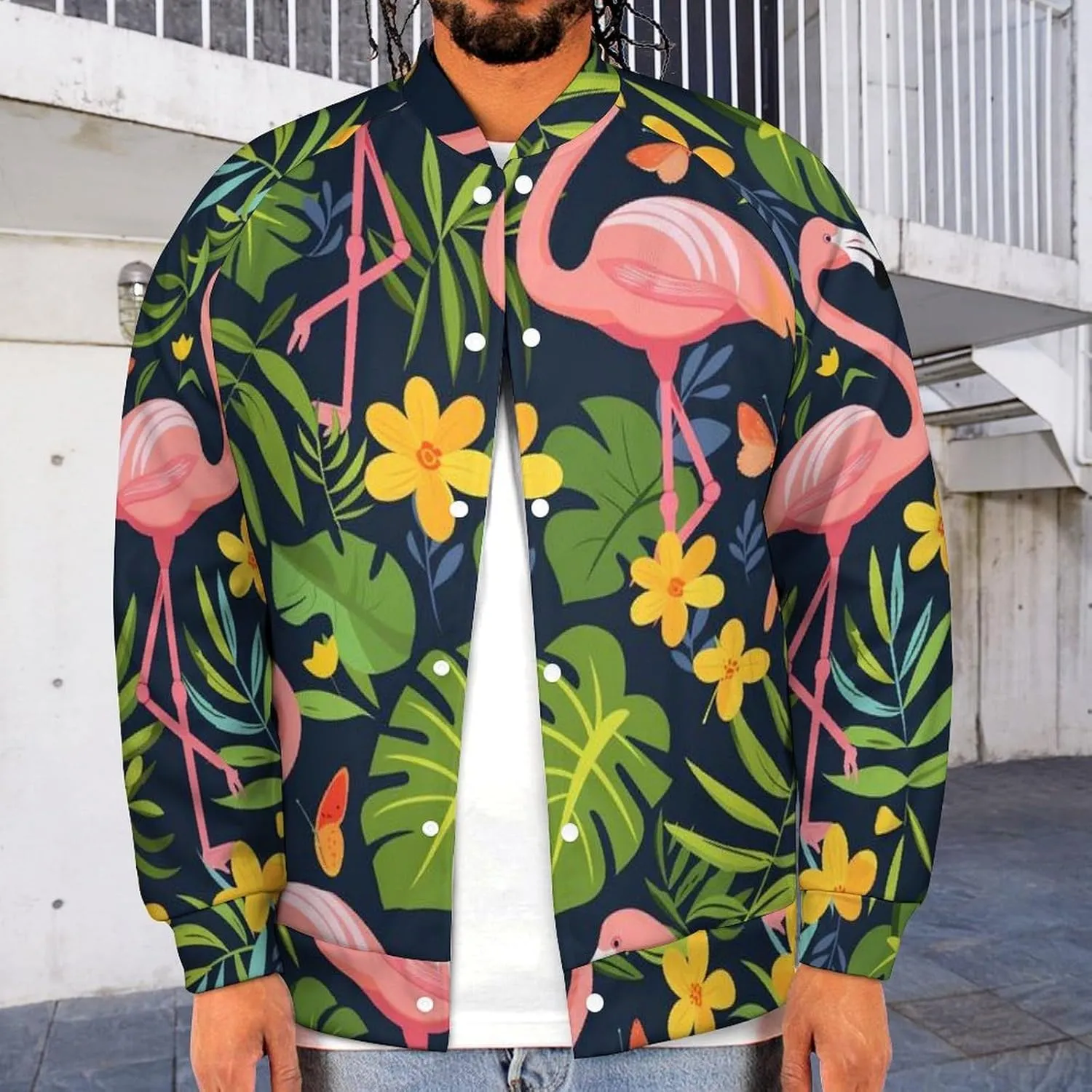 Flamingos Monstera Small Yellow Flower Lightweight Men's Baseball Jackets Relaxed Fit Varsity Bomber Jacket Windbreaker Coat