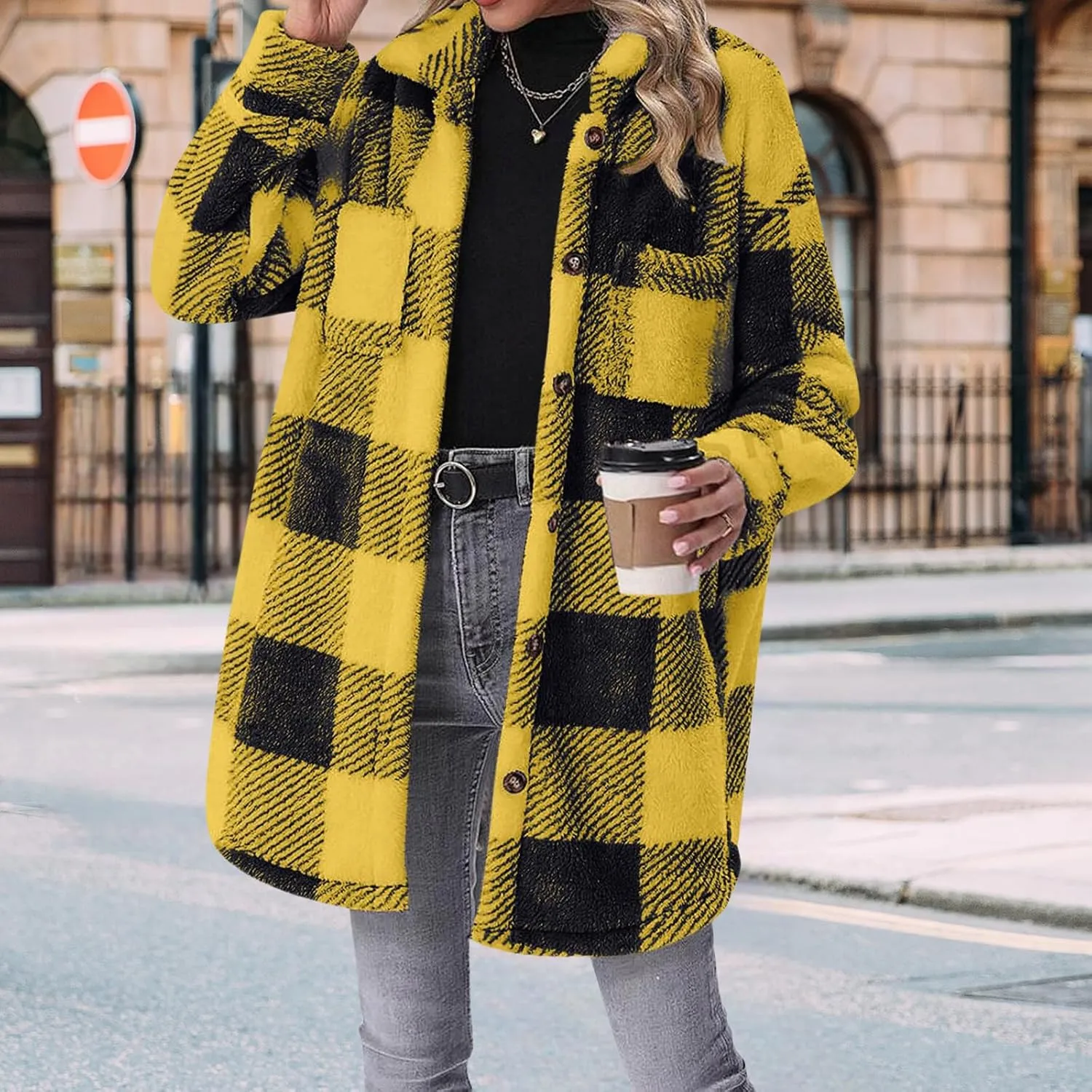 Fleece Jacket Women Sherpa Plaid Shacket Mid Length Peacoat Button Down Trench Coat Long Sleeve Fuzzy Shirt Outwear