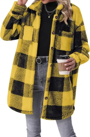 Fleece Jacket Women Sherpa Plaid Shacket Mid Length Peacoat Button Down Trench Coat Long Sleeve Fuzzy Shirt Outwear