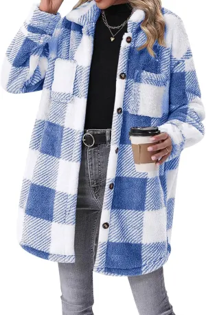 Fleece Jacket Women Sherpa Plaid Shacket Mid Length Peacoat Button Down Trench Coat Long Sleeve Fuzzy Shirt Outwear