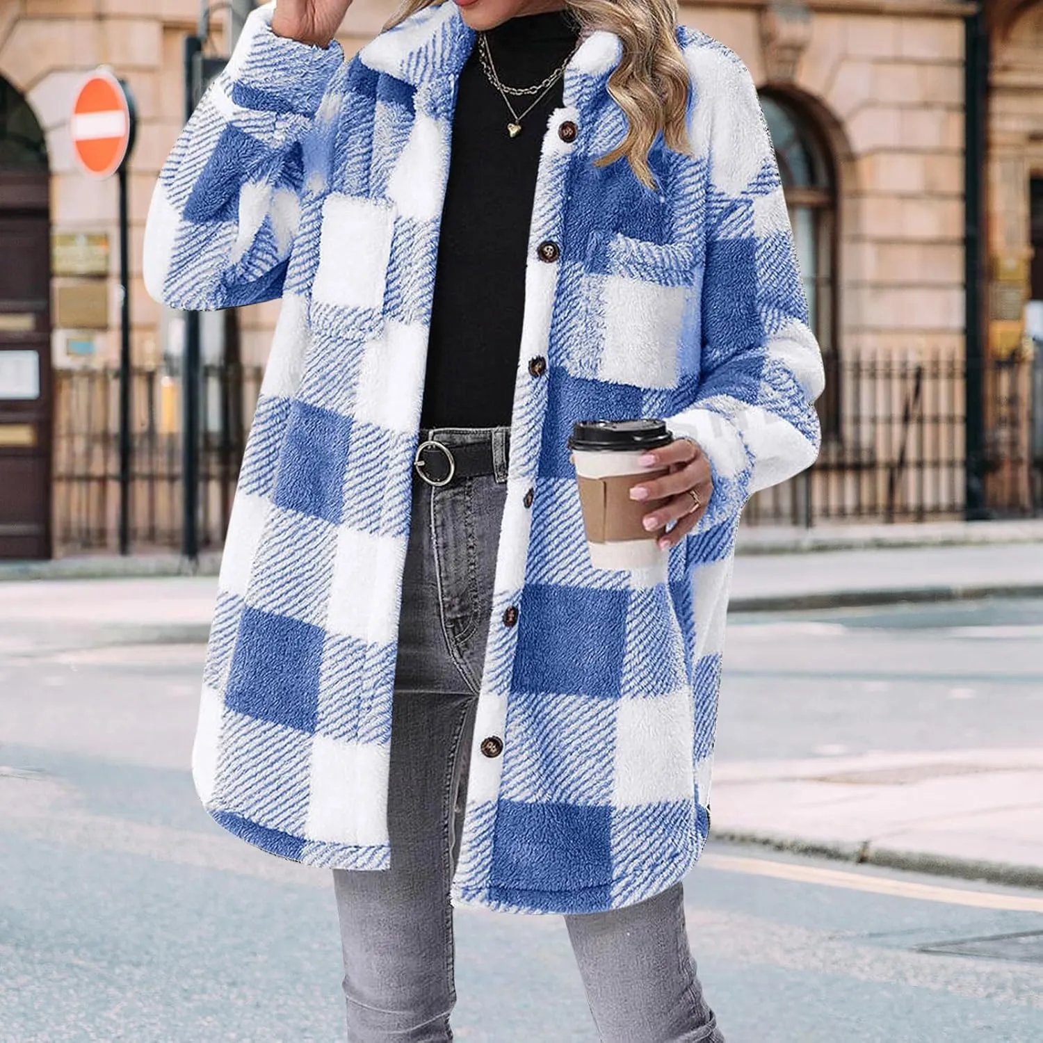Fleece Jacket Women Sherpa Plaid Shacket Mid Length Peacoat Button Down Trench Coat Long Sleeve Fuzzy Shirt Outwear