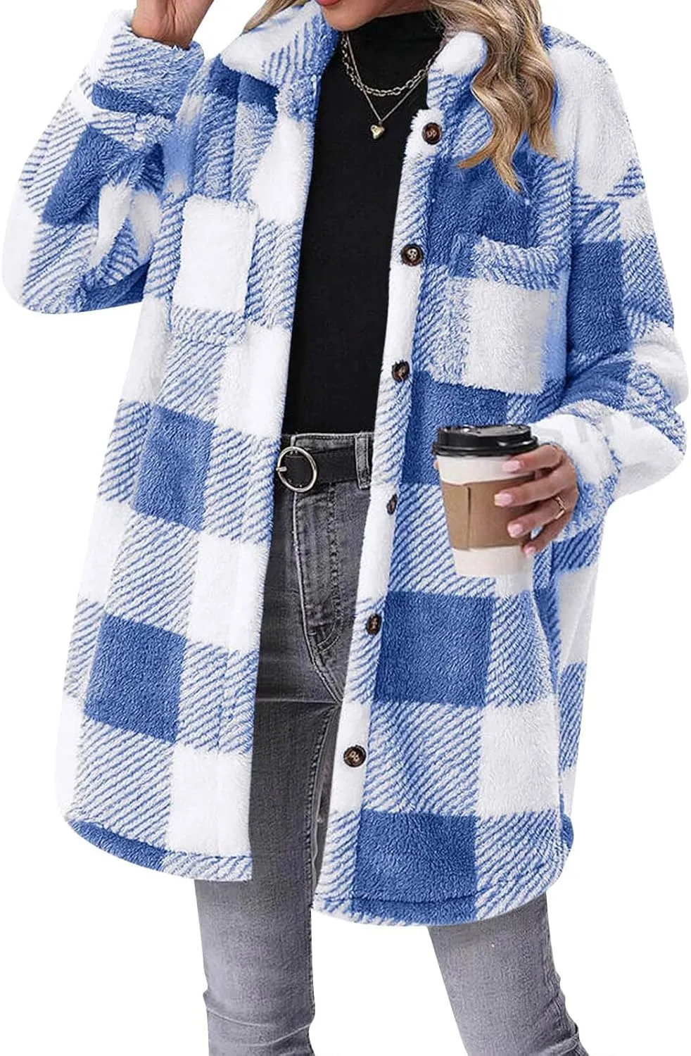 Fleece Jacket Women Sherpa Plaid Shacket Mid Length Peacoat Button Down Trench Coat Long Sleeve Fuzzy Shirt Outwear
