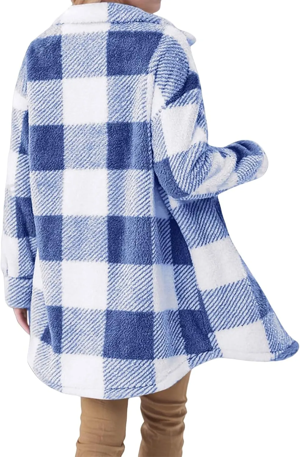 Fleece Jacket Women Sherpa Plaid Shacket Mid Length Peacoat Button Down Trench Coat Long Sleeve Fuzzy Shirt Outwear