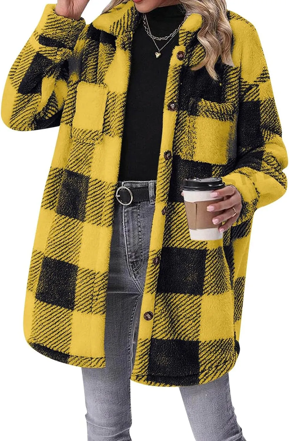 Fleece Jacket Women Sherpa Plaid Shacket Mid Length Peacoat Button Down Trench Coat Long Sleeve Fuzzy Shirt Outwear