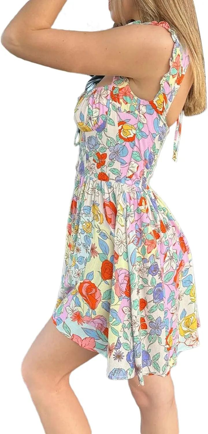 Floral Mini Dress for Women Y2K Summer Sexy Backless Flowy Mini Dress Party Vacation Short Swing Dress