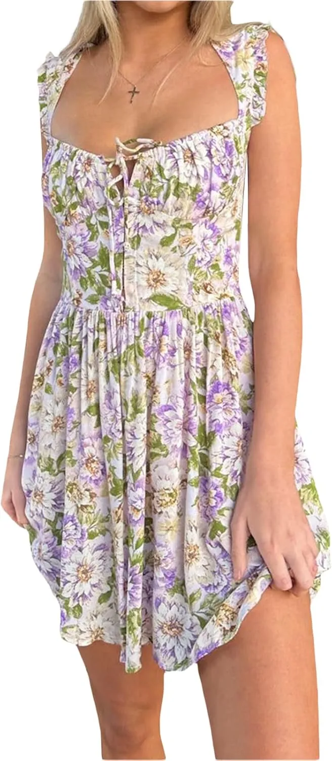 Floral Mini Dress for Women Y2K Summer Sexy Backless Flowy Mini Dress Party Vacation Short Swing Dress
