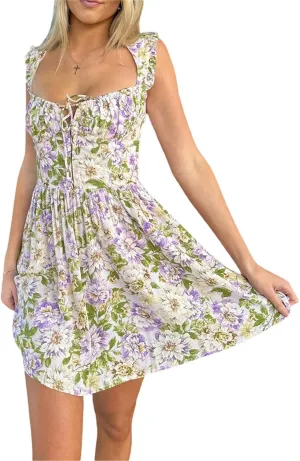 Floral Mini Dress for Women Y2K Summer Sexy Backless Flowy Mini Dress Party Vacation Short Swing Dress