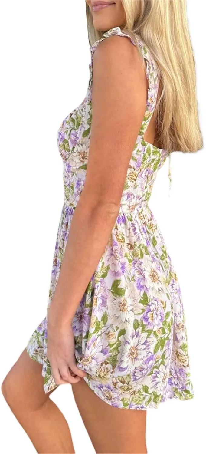 Floral Mini Dress for Women Y2K Summer Sexy Backless Flowy Mini Dress Party Vacation Short Swing Dress