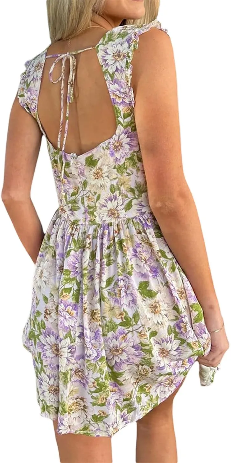 Floral Mini Dress for Women Y2K Summer Sexy Backless Flowy Mini Dress Party Vacation Short Swing Dress