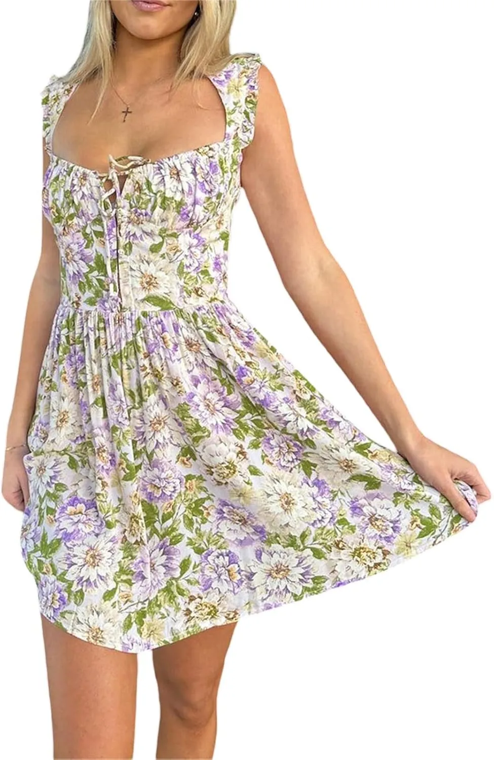 Floral Mini Dress for Women Y2K Summer Sexy Backless Flowy Mini Dress Party Vacation Short Swing Dress