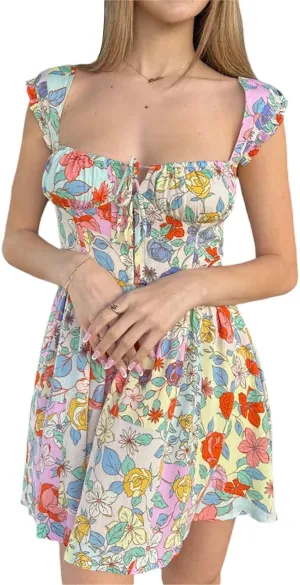 Floral Mini Dress for Women Y2K Summer Sexy Backless Flowy Mini Dress Party Vacation Short Swing Dress