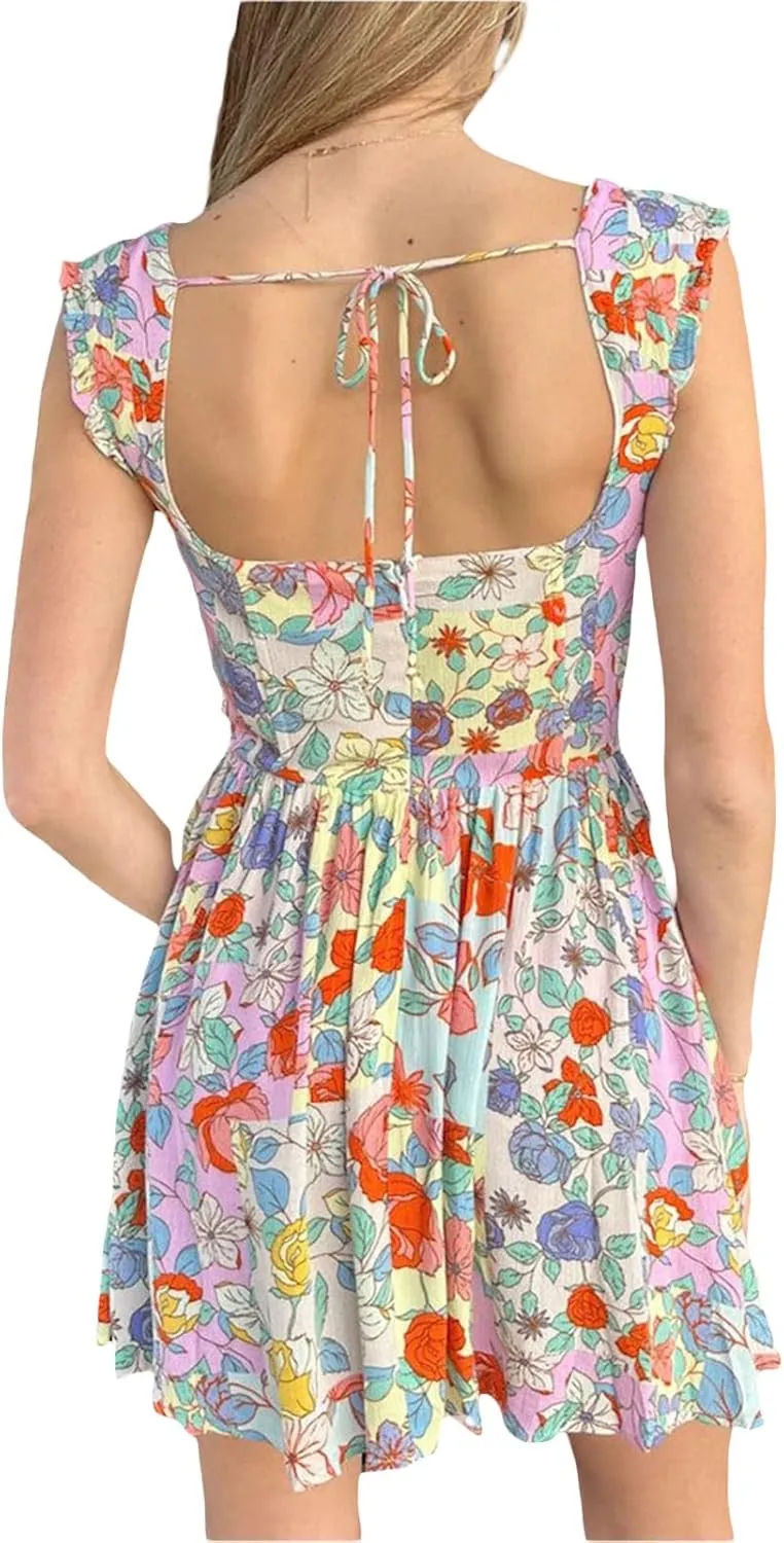 Floral Mini Dress for Women Y2K Summer Sexy Backless Flowy Mini Dress Party Vacation Short Swing Dress