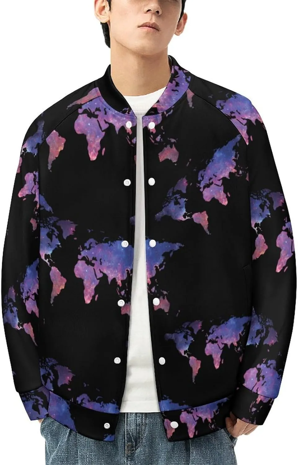 Galaxy World Map Lightweight Men's Baseball Jackets Relaxed Fit Varsity Bomber Jacket Windbreaker Coat