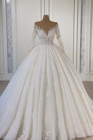 Gorgeous Lace Long Sleeve Beads Ball Gown Wedding Dress