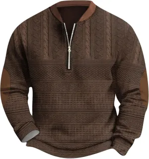 Half Zip Sweatshirt for Men Plus Size Vintage Comfy Knit Print Shirts Casual Fall Long Sleeve Stand Collar Top