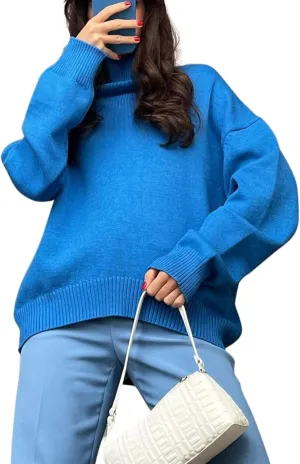 HangNiFang Women's Trendy Turtleneck Sweater Fall Chunky Knitted Pullover Sweater