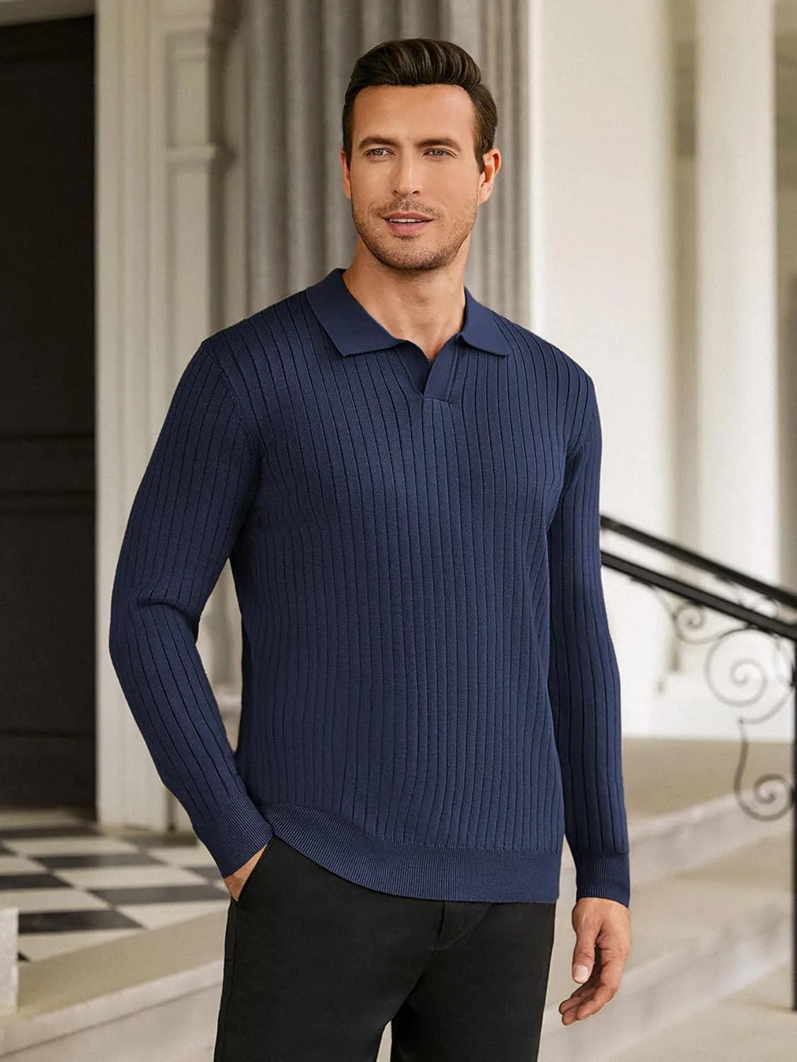 Hardaddy Men's Ribbed Knit Sweater Casual Long Sleeve Polo Sweater Collared V Neck Polo Shirts Solid Pullover Tops