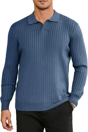 Hardaddy Men's Ribbed Knit Sweater Casual Long Sleeve Polo Sweater Collared V Neck Polo Shirts Solid Pullover Tops