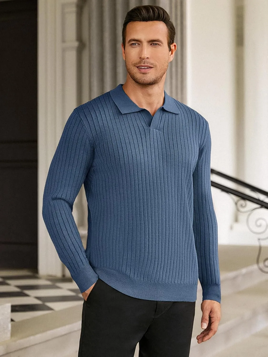 Hardaddy Men's Ribbed Knit Sweater Casual Long Sleeve Polo Sweater Collared V Neck Polo Shirts Solid Pullover Tops