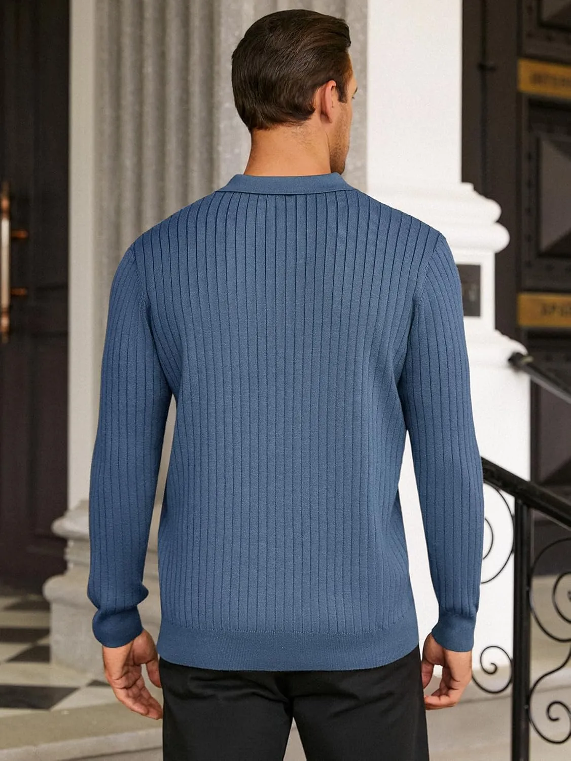 Hardaddy Men's Ribbed Knit Sweater Casual Long Sleeve Polo Sweater Collared V Neck Polo Shirts Solid Pullover Tops