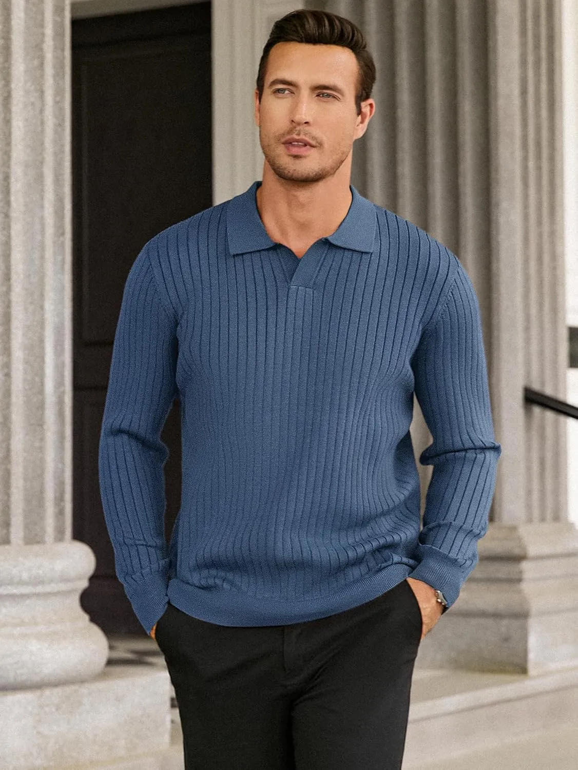 Hardaddy Men's Ribbed Knit Sweater Casual Long Sleeve Polo Sweater Collared V Neck Polo Shirts Solid Pullover Tops
