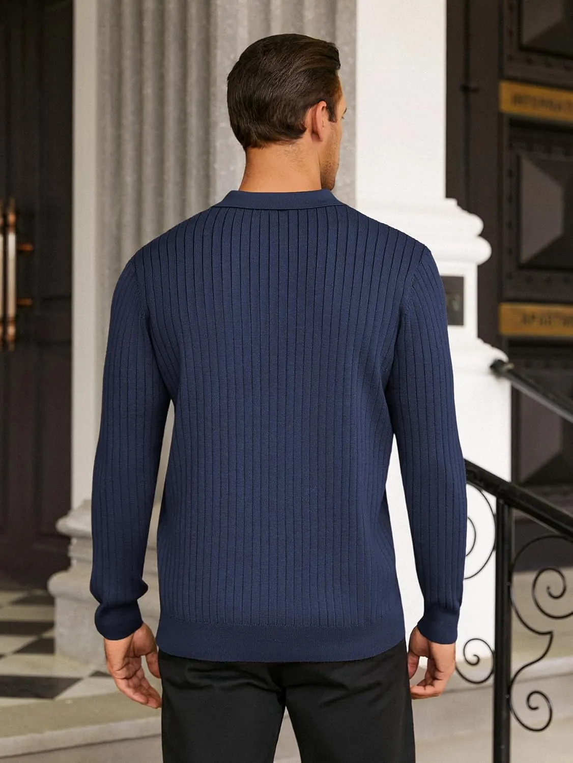 Hardaddy Men's Ribbed Knit Sweater Casual Long Sleeve Polo Sweater Collared V Neck Polo Shirts Solid Pullover Tops