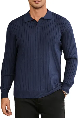 Hardaddy Men's Ribbed Knit Sweater Casual Long Sleeve Polo Sweater Collared V Neck Polo Shirts Solid Pullover Tops