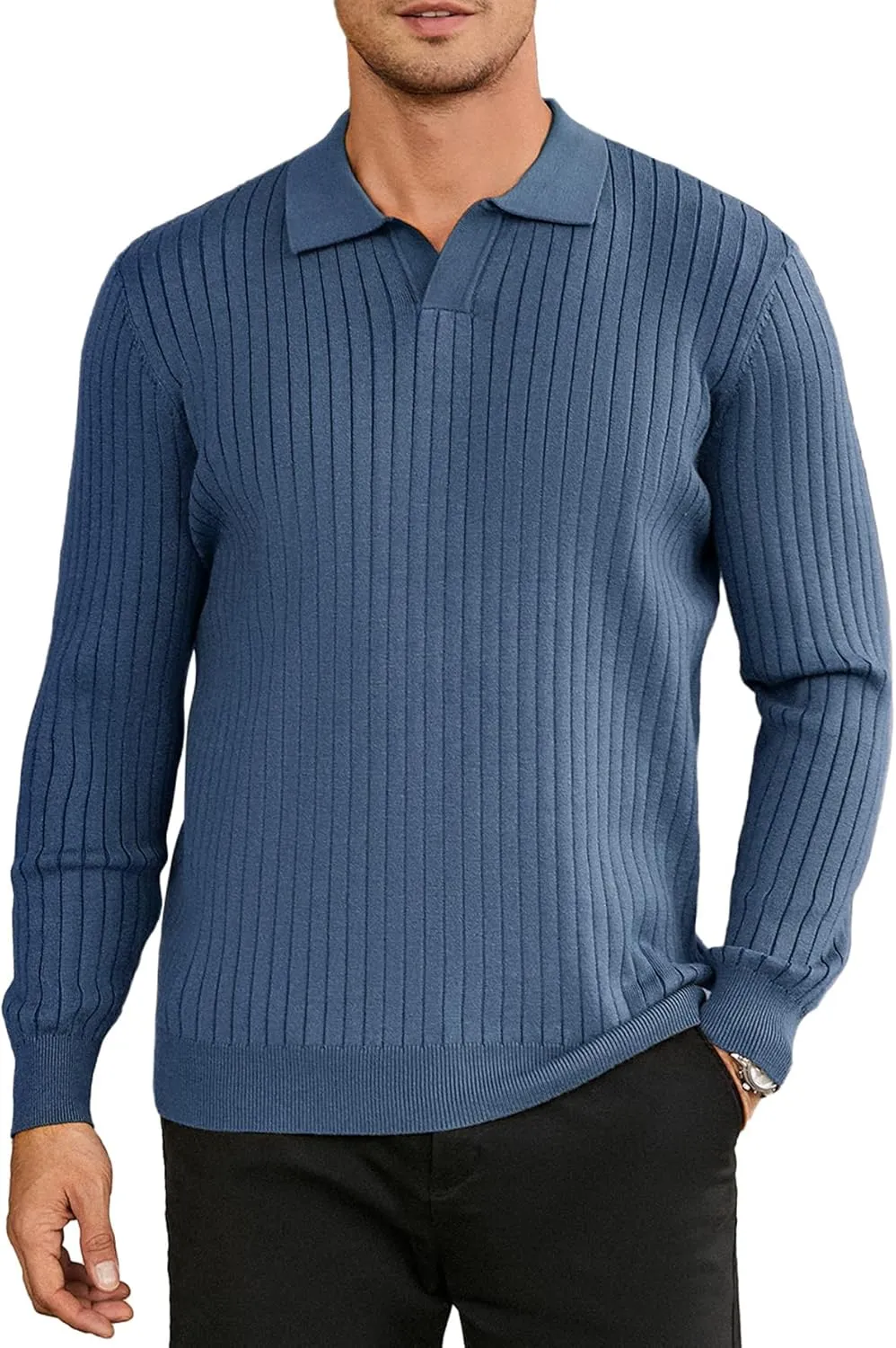 Hardaddy Men's Ribbed Knit Sweater Casual Long Sleeve Polo Sweater Collared V Neck Polo Shirts Solid Pullover Tops