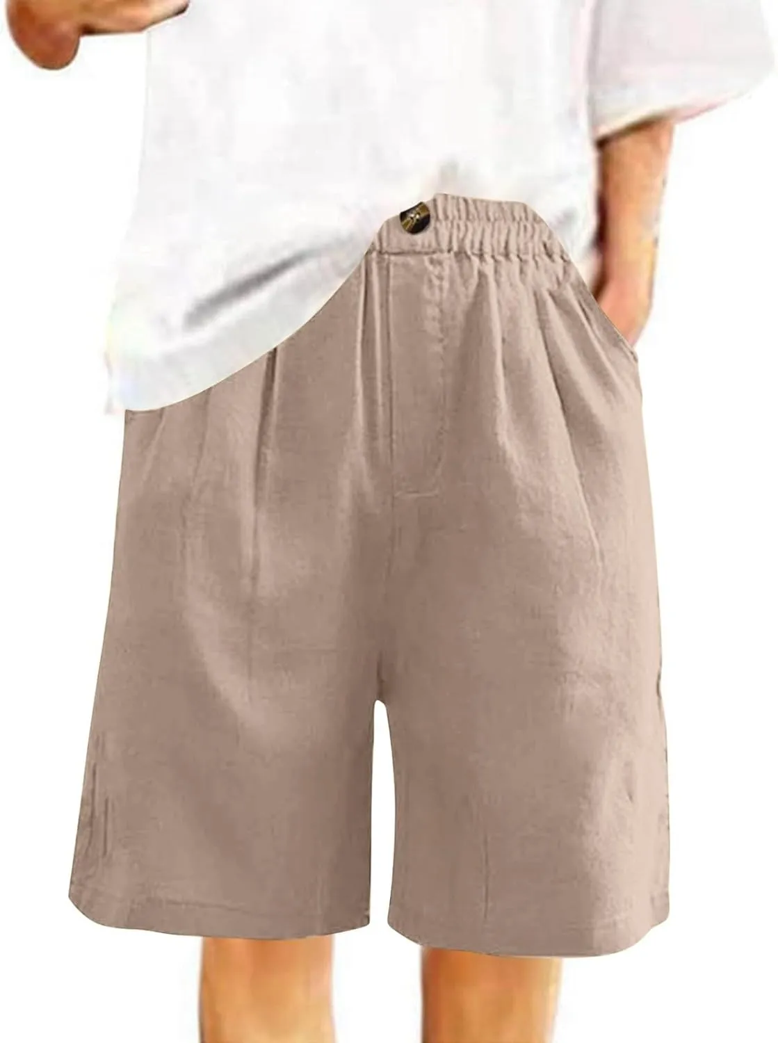 HAVUITYY Linen Shorts for Women Summer High Elastic Waisted Dressy Casual Bermuda Shorts Pleated Wide Leg Joggers Sweatpants