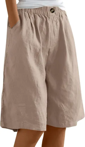HAVUITYY Linen Shorts for Women Summer High Elastic Waisted Dressy Casual Bermuda Shorts Pleated Wide Leg Joggers Sweatpants