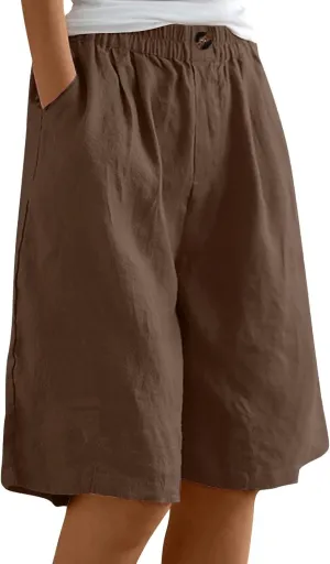 HAVUITYY Linen Shorts for Women Summer High Elastic Waisted Dressy Casual Bermuda Shorts Pleated Wide Leg Joggers Sweatpants