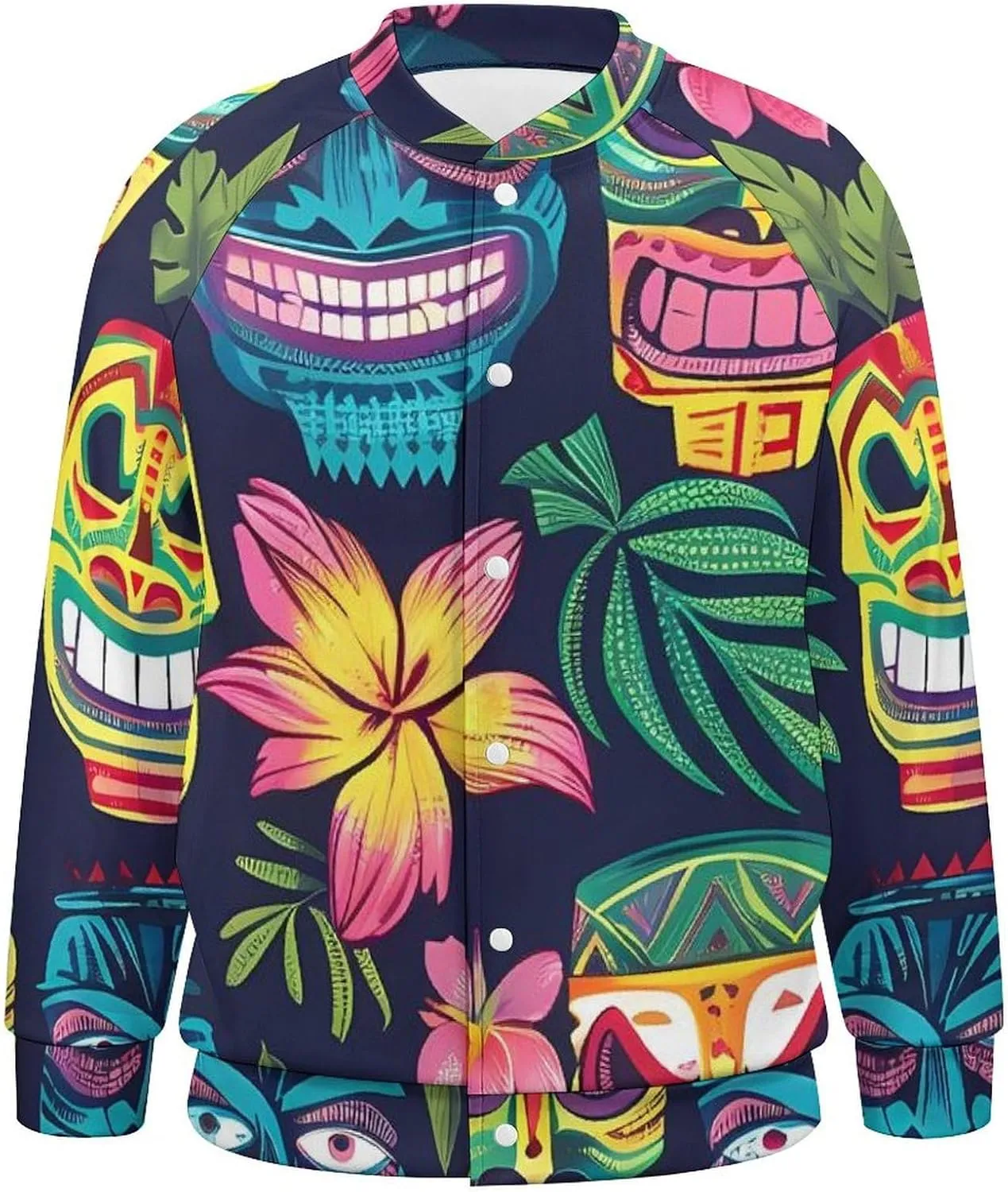 Hawaii Tiki Masks and Florals Lightweight Men's Baseball Jackets Relaxed Fit Varsity Bomber Jacket Windbreaker Coat