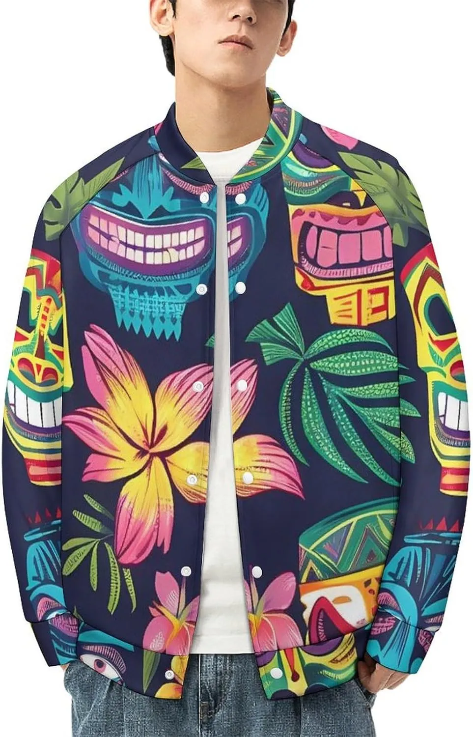Hawaii Tiki Masks and Florals Lightweight Men's Baseball Jackets Relaxed Fit Varsity Bomber Jacket Windbreaker Coat