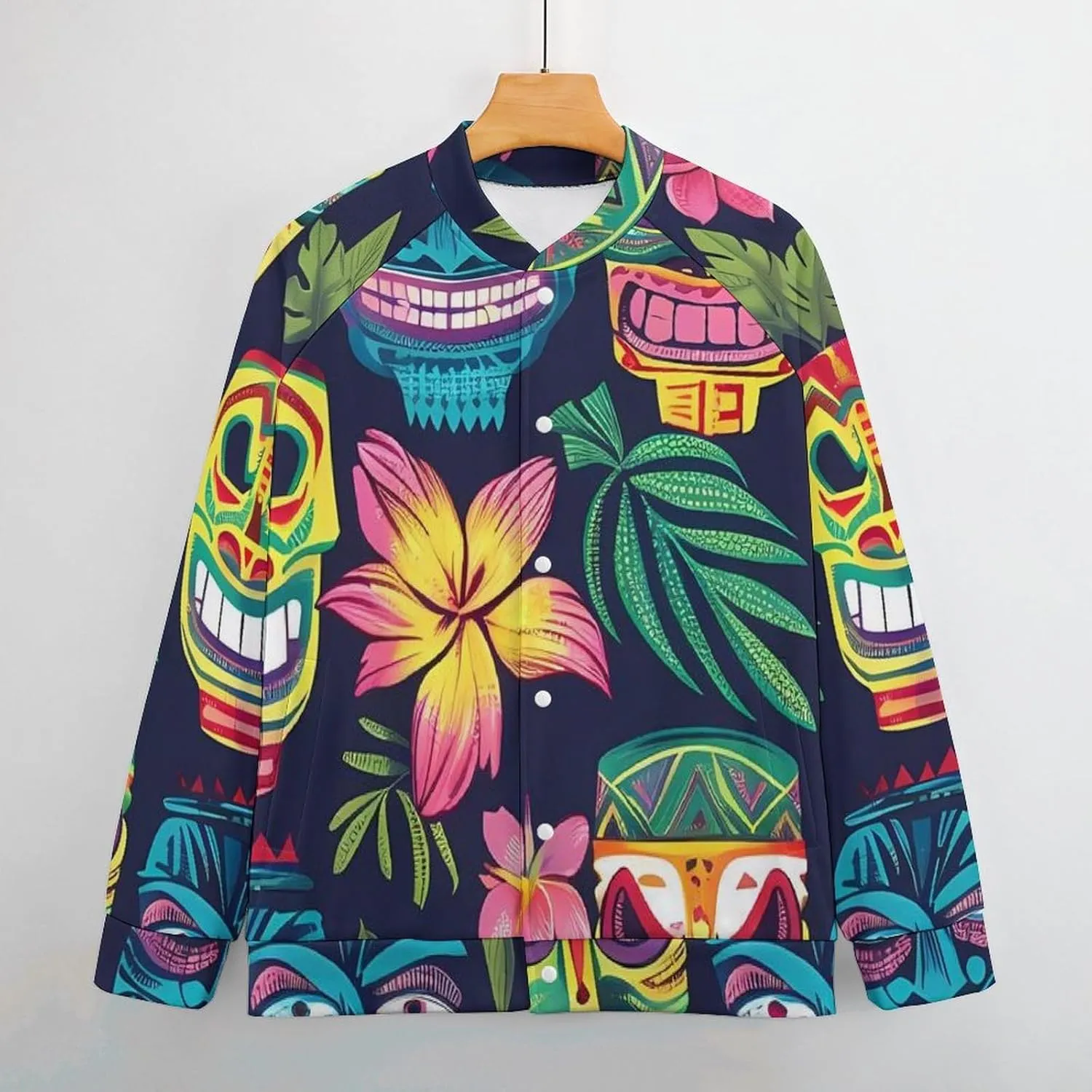 Hawaii Tiki Masks and Florals Lightweight Men's Baseball Jackets Relaxed Fit Varsity Bomber Jacket Windbreaker Coat