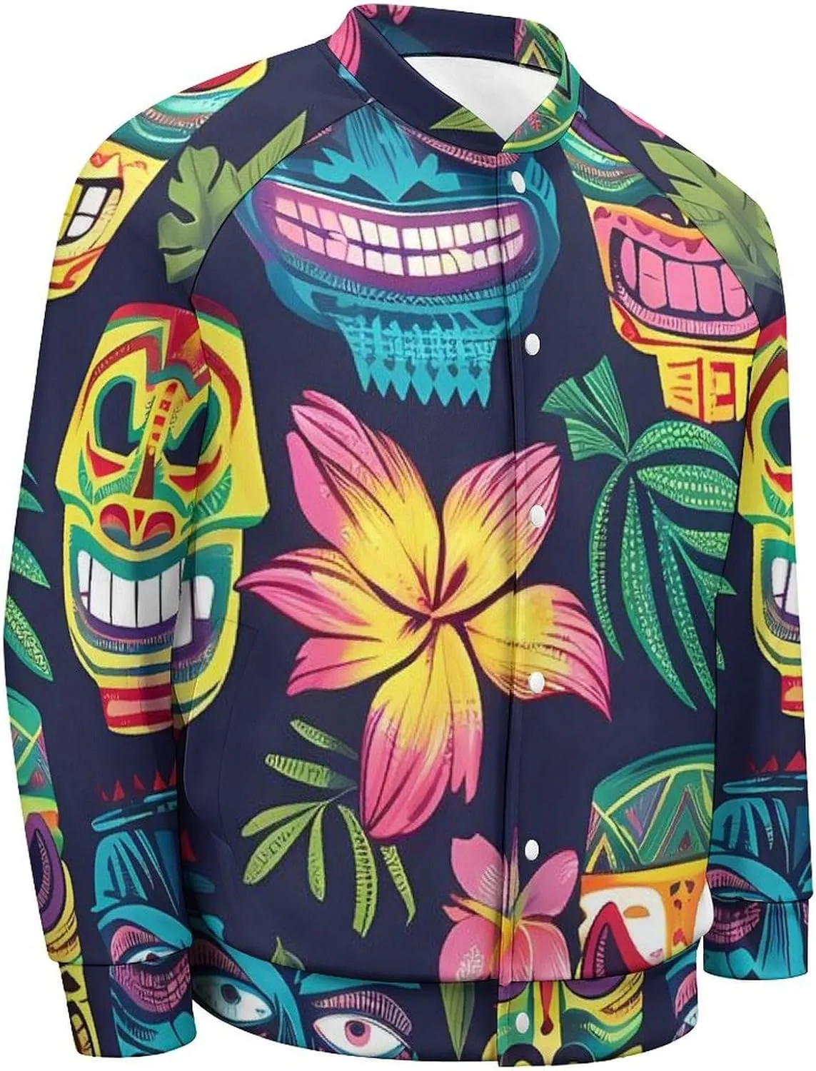 Hawaii Tiki Masks and Florals Lightweight Men's Baseball Jackets Relaxed Fit Varsity Bomber Jacket Windbreaker Coat