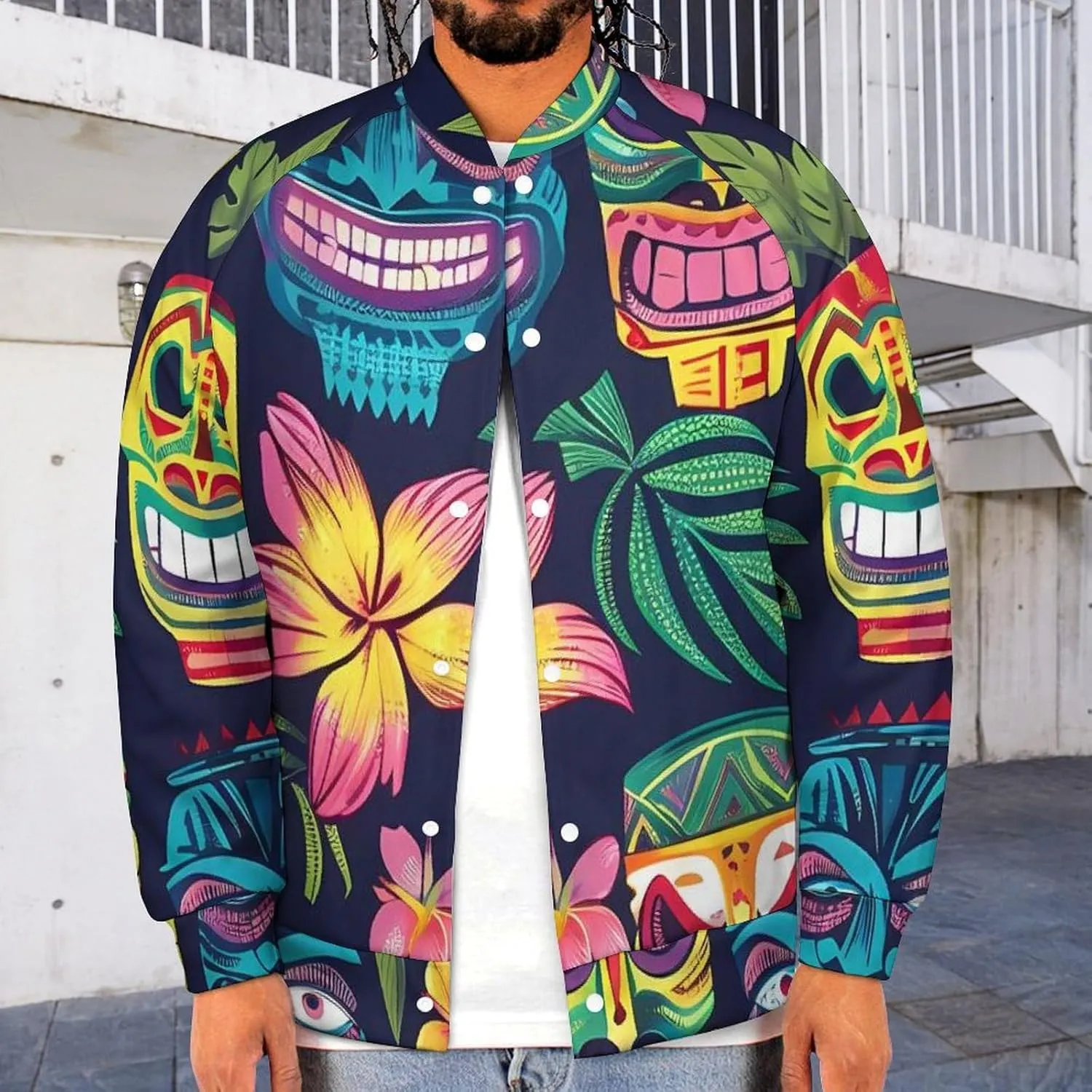 Hawaii Tiki Masks and Florals Lightweight Men's Baseball Jackets Relaxed Fit Varsity Bomber Jacket Windbreaker Coat