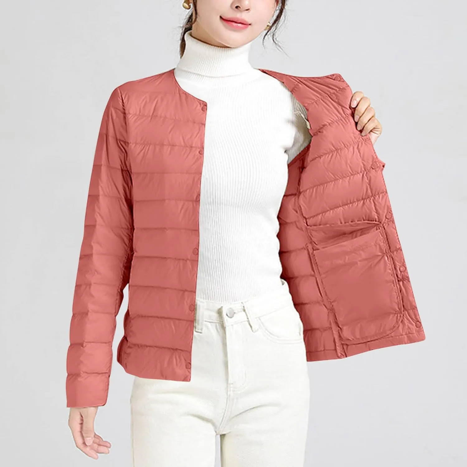 HGps8w Women's Lightweight Winter Quilted Down Jackets Button Down Puffer Coats Padded Warm Outerwear with Pockets