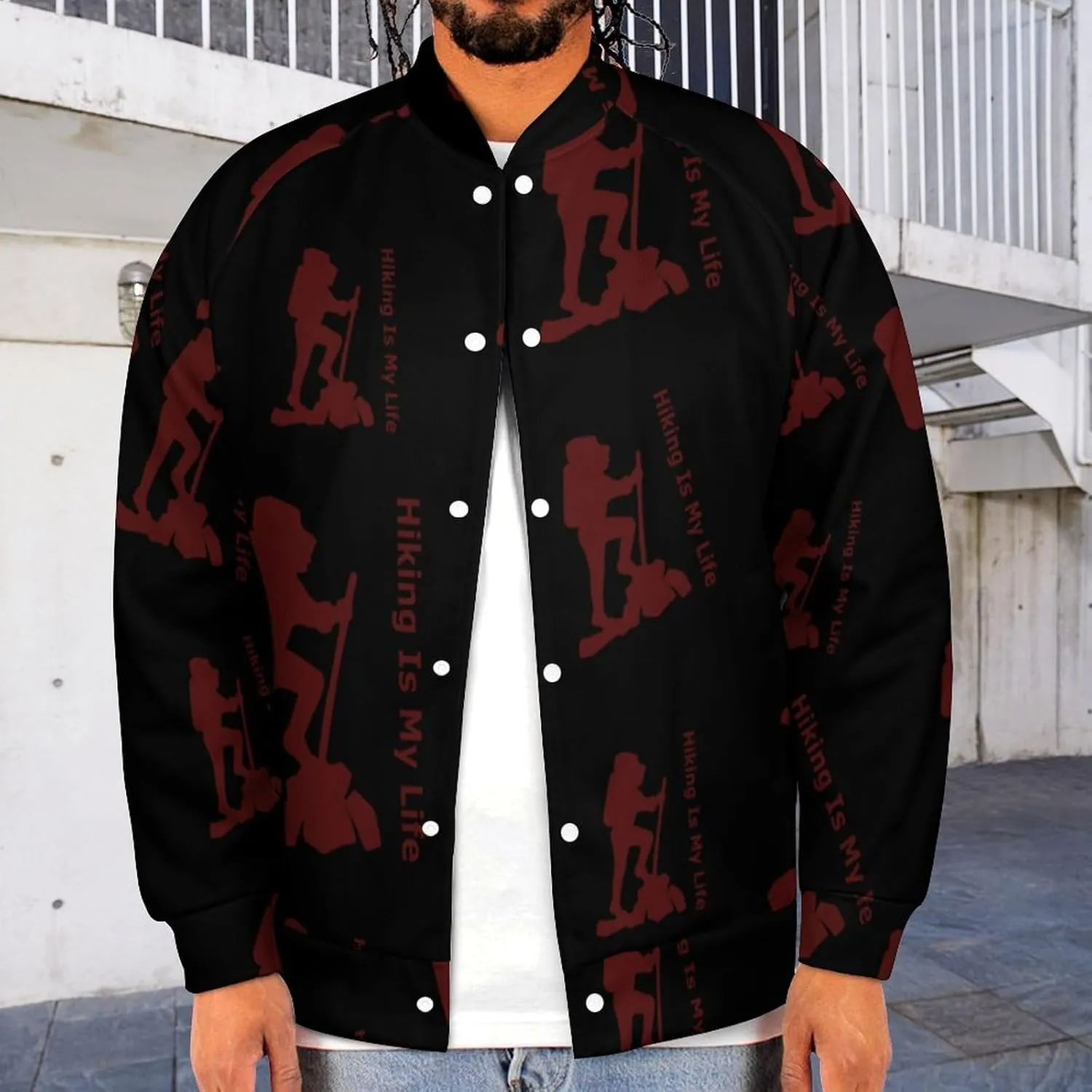 Hiking is My Life Lightweight Men's Baseball Jackets Relaxed Fit Varsity Bomber Jacket Windbreaker Coat