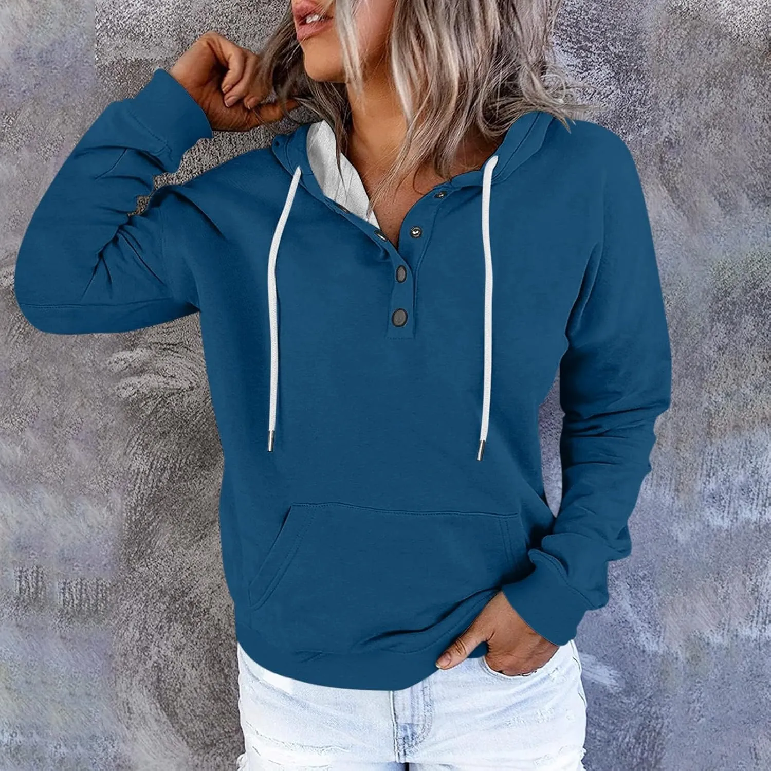 Hoodies for Women Trendy 2024 Hooded Button Collar Drawstring Pullover Sweatshirts Casual Long Sleeve Clothes
