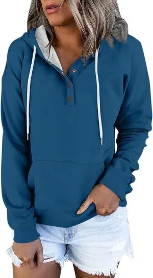 Hoodies for Women Trendy 2024 Hooded Button Collar Drawstring Pullover Sweatshirts Casual Long Sleeve Clothes