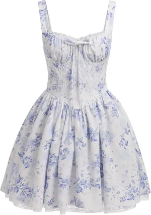 IBTOM CASTLE Corset Mini Dress for Women: Boho Summer Floral Dress Sleeveless Spaghetti Straps Backless Dress Lace Up Sundress Cottagecore Ruffle Short Beach Bustier Dresses White & Blue Floral S