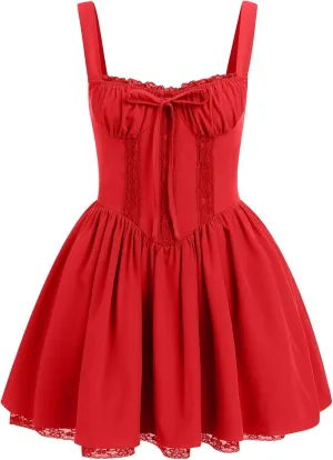 IBTOM CASTLE Corset Mini Dress for Women: Ladeis Sexy Boho Summer Floral Dress Sleeveless Spaghetti Straps Backless Casual Dress Lace Up Sundress Cottagecore Ruffle Short Beach Bustier Dresses Red XL