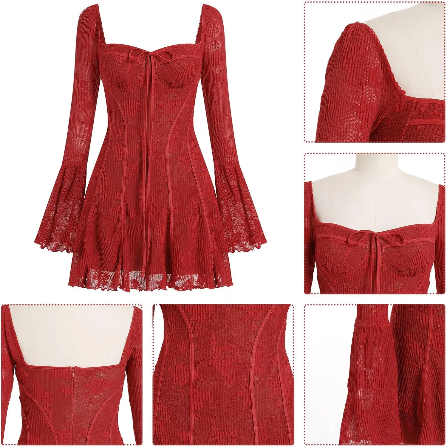 IDOPIP Women Long Bell Sleeve Corset Mini Dress Floral Lace Tie Front Ruffle Dress Empire Waist Club Cocktail Party Dress