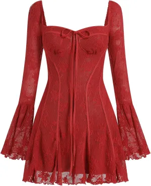 IDOPIP Women Long Bell Sleeve Corset Mini Dress Floral Lace Tie Front Ruffle Dress Empire Waist Club Cocktail Party Dress