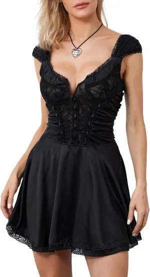 IMISSILLEB Bodycon Mini Dress for Women Spaghetti Strap Low Cut Polka Dot Print Ruffle A-Line Corset Dress Party Short Dress